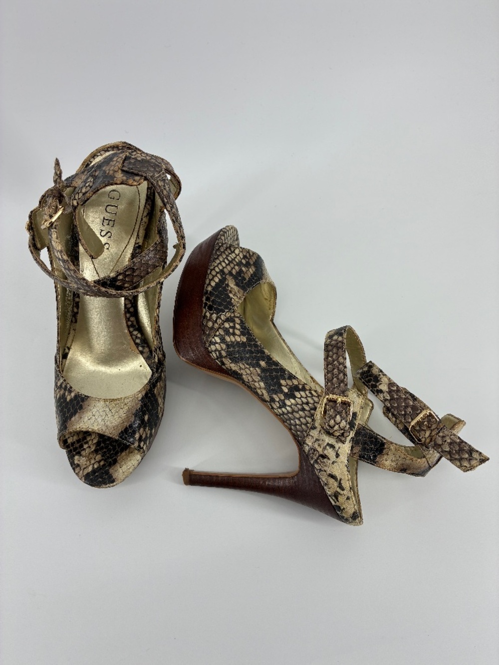 MASSIVE $10 SALE Guess Snakeskin Double Buckle Open Toe High Heel Sandals